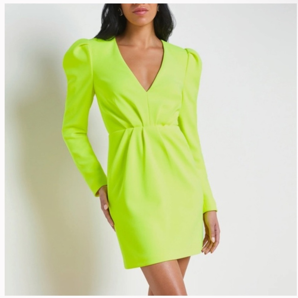 NWT $595 L'AGENCE Yellow Bodycon Puff Sleeve Dress V-Neck Cocktail size 18
